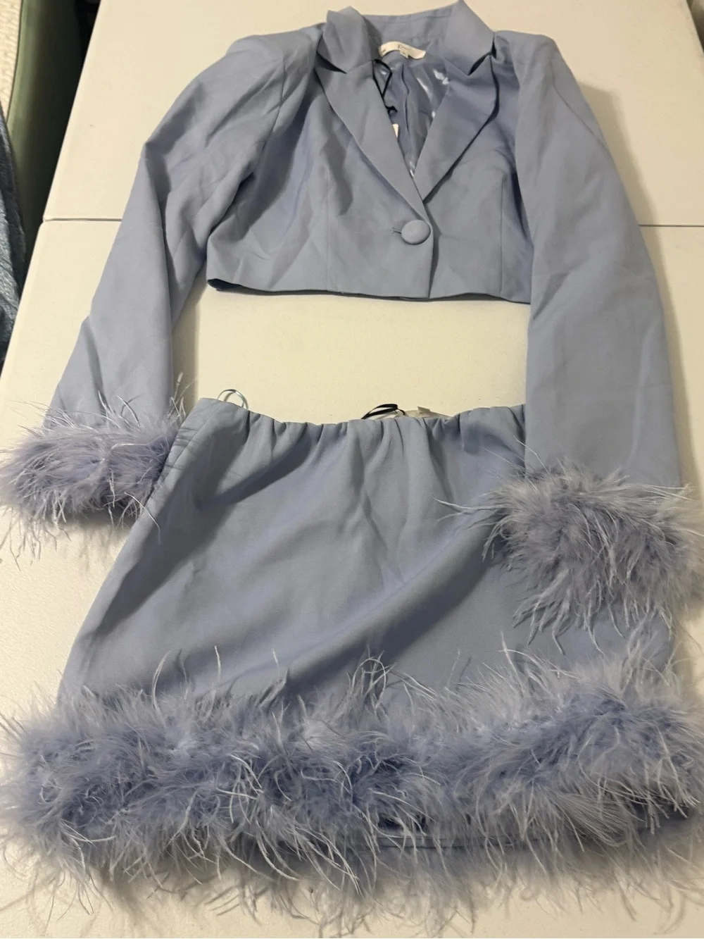 NWT 2PC Blue Gray Feather Trim Blazer Skirt Set Y2K Party Size M